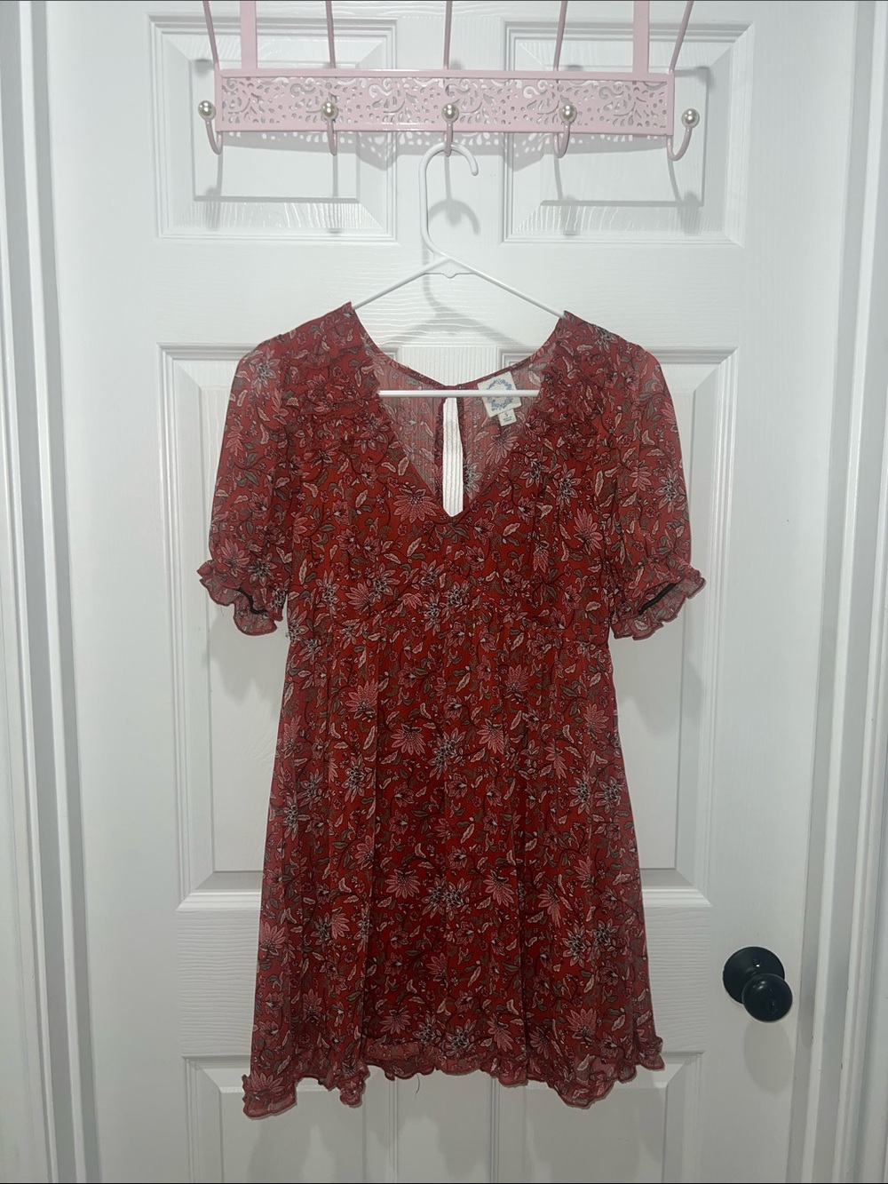 Blue Rain Red Floral Mini Dress with V-Keyhole